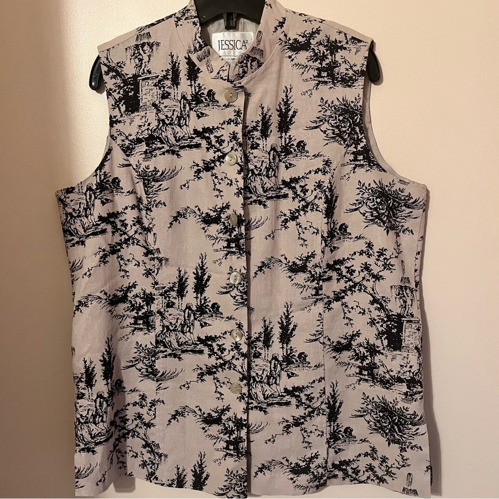 Linen Blend Sleeveless Toile Print Button Up Top
